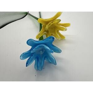 ART GLASS YELLOW,BLUE SPLIT MUM LONG STEM GLASS FLOWER 19 3/4"